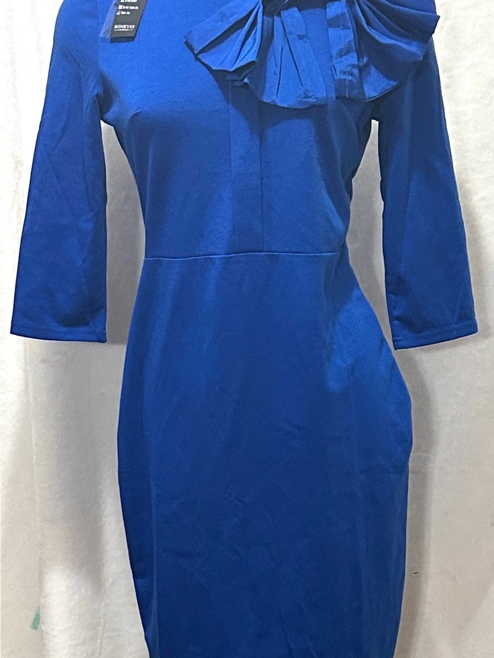 HOMEYEE Royal Blue Pleated Bow Accent Bodycon Work Pencil Dress NWT Large US 8